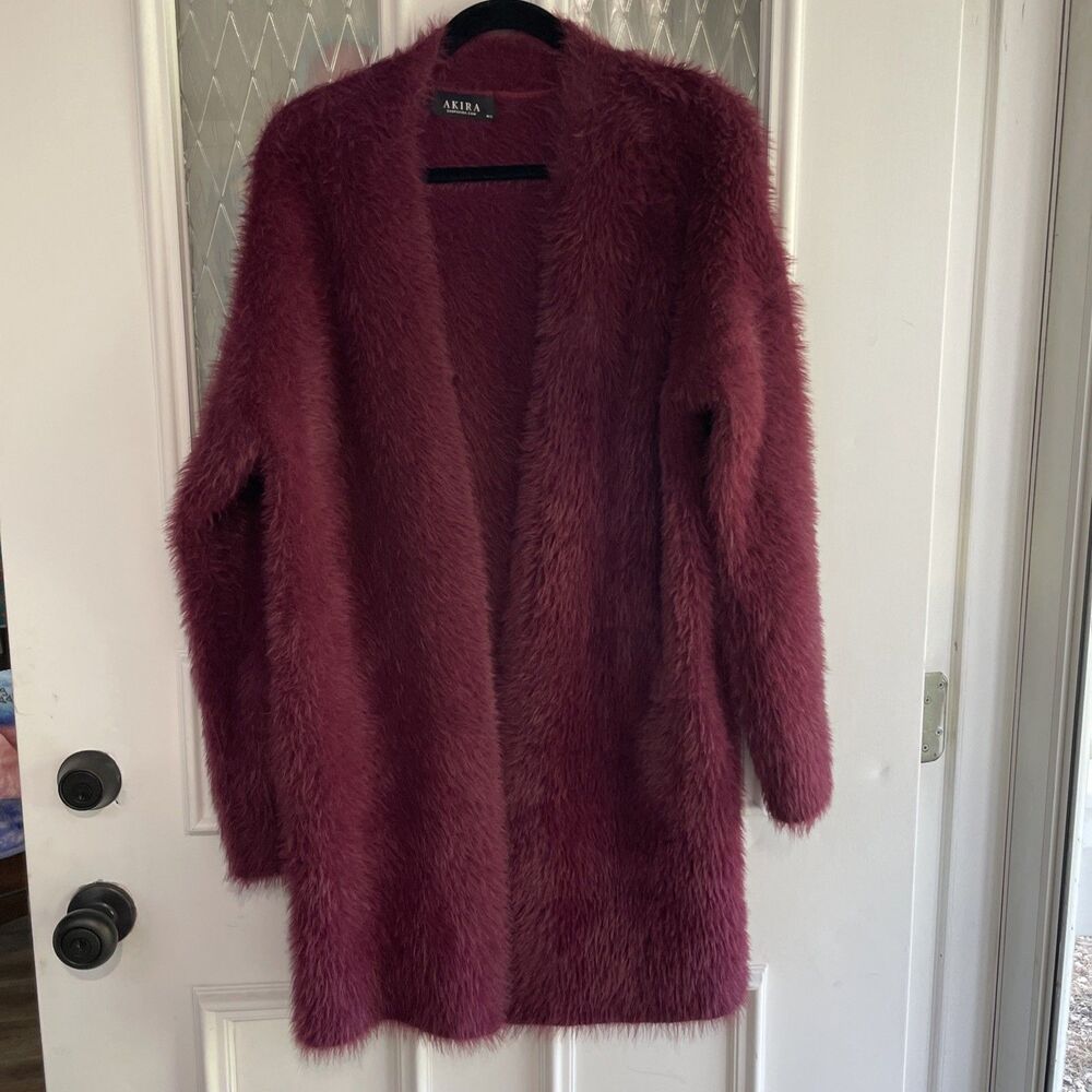 AKIRA Women’s M/L Burgundy Faux Fur Knit Open Front Long Sleeve Cardigan